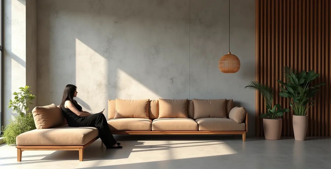 Espace intérieur montrant l'harmonie entre un mur en béton brut et des éléments en bois naturel