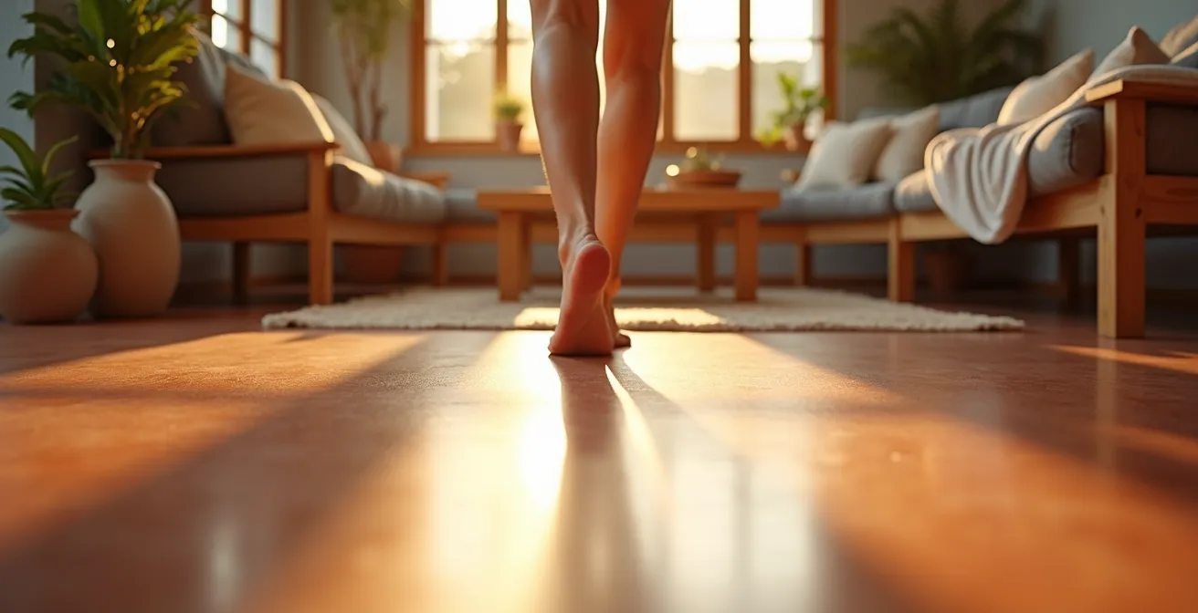 Intérieur moderne avec sol en béton ciré terracotta et mobilier en bois naturel