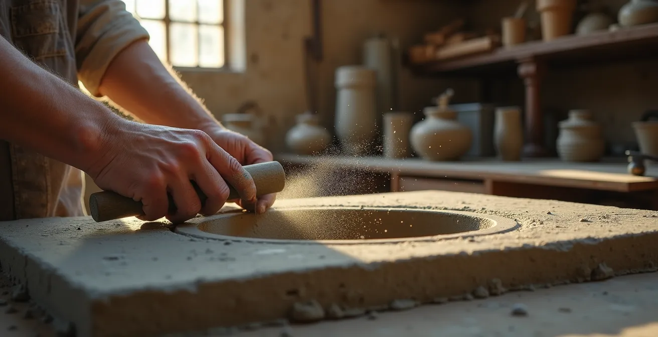 Artisan français travaillant sur une vasque en béton dans son atelier