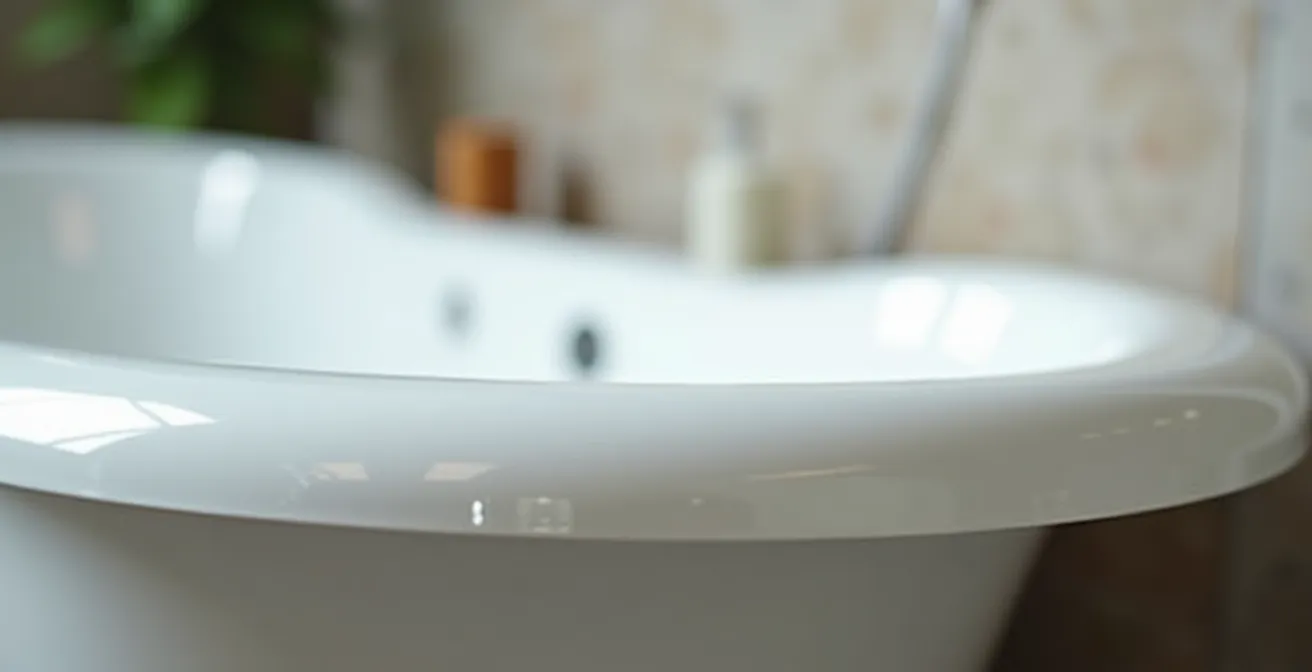 Détail de la texture et de la finition d'une baignoire en fonte émaillée blanche