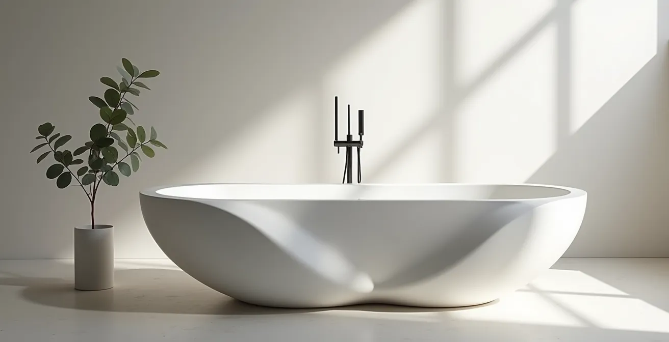 Baignoire îlot aux courbes organiques dans un intérieur contemporain