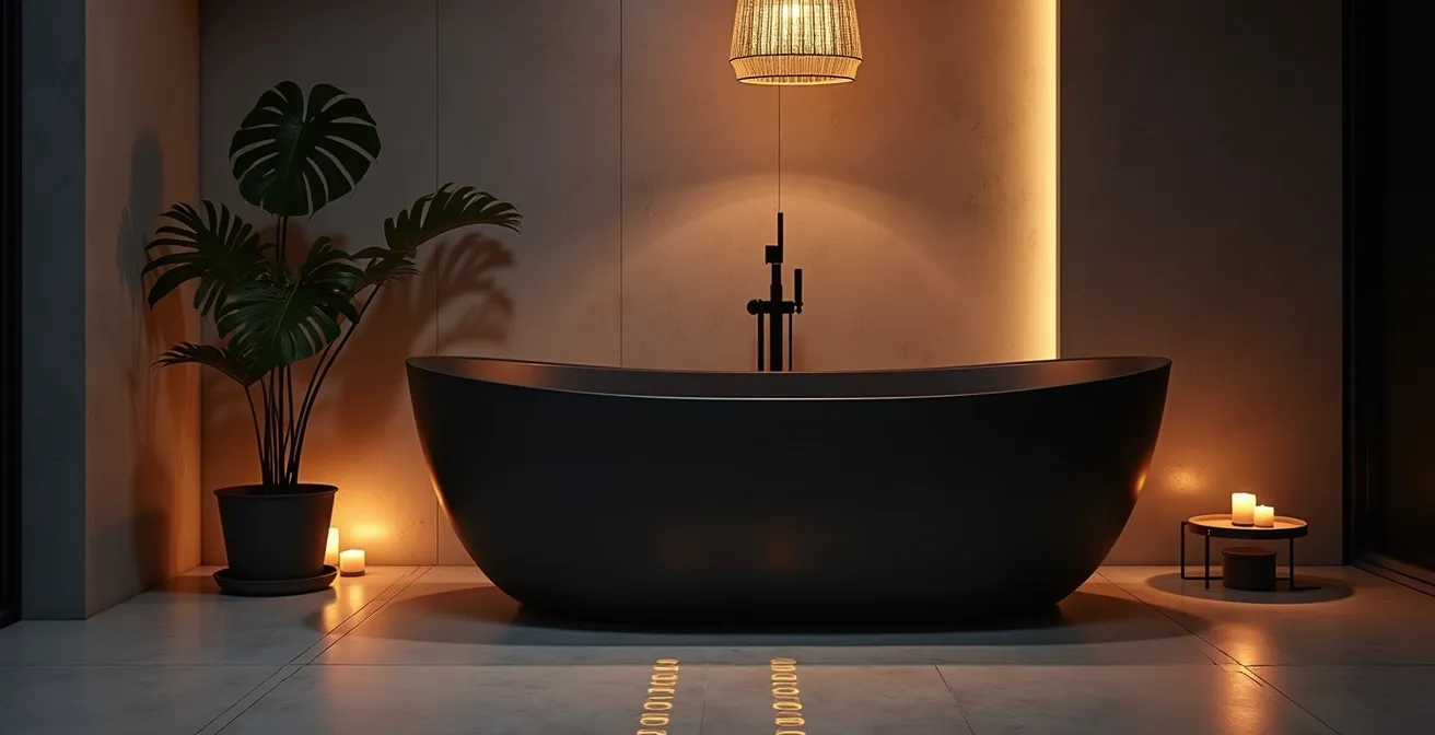 Baignoire îlot noire mate avec éclairage théâtral dans une salle de bain contemporaine