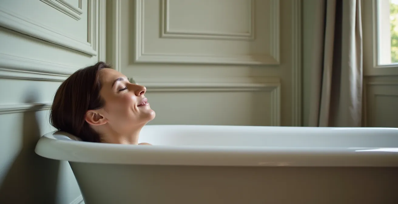 Baignoire semi-îlot adossée à un mur dans un appartement haussmannien