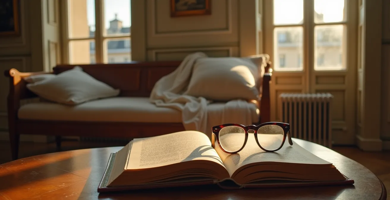 Banc en bois ancien avec coussins en lin dans un appartement parisien