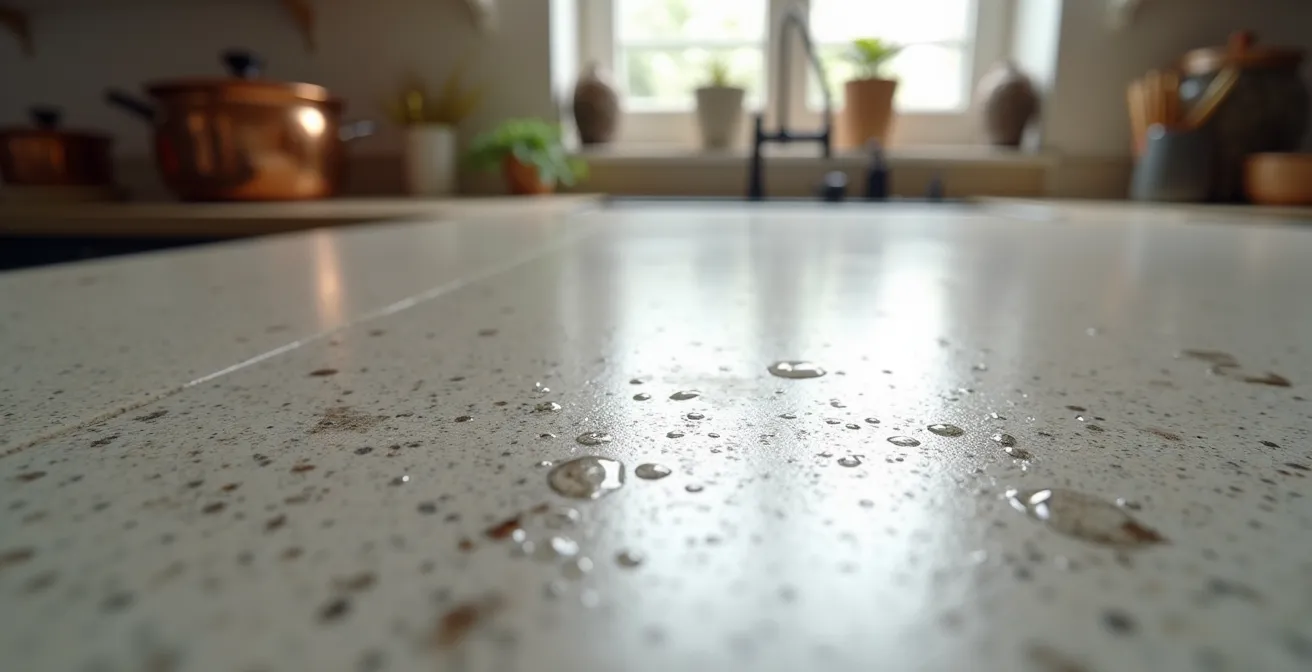 Plan de travail en béton ciré dans une cuisine française avec détails artisanaux