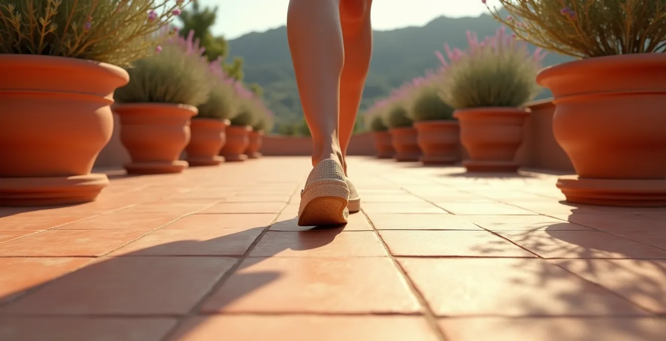 Terrasse en béton coloré ocre avec mobilier méditerranéen et plantes en pots