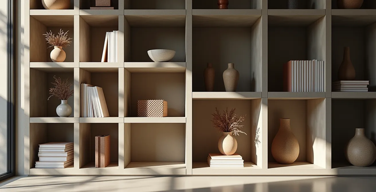 Bibliothèque maçonnée en béton avec niches asymétriques et objets décoratifs dans un intérieur contemporain