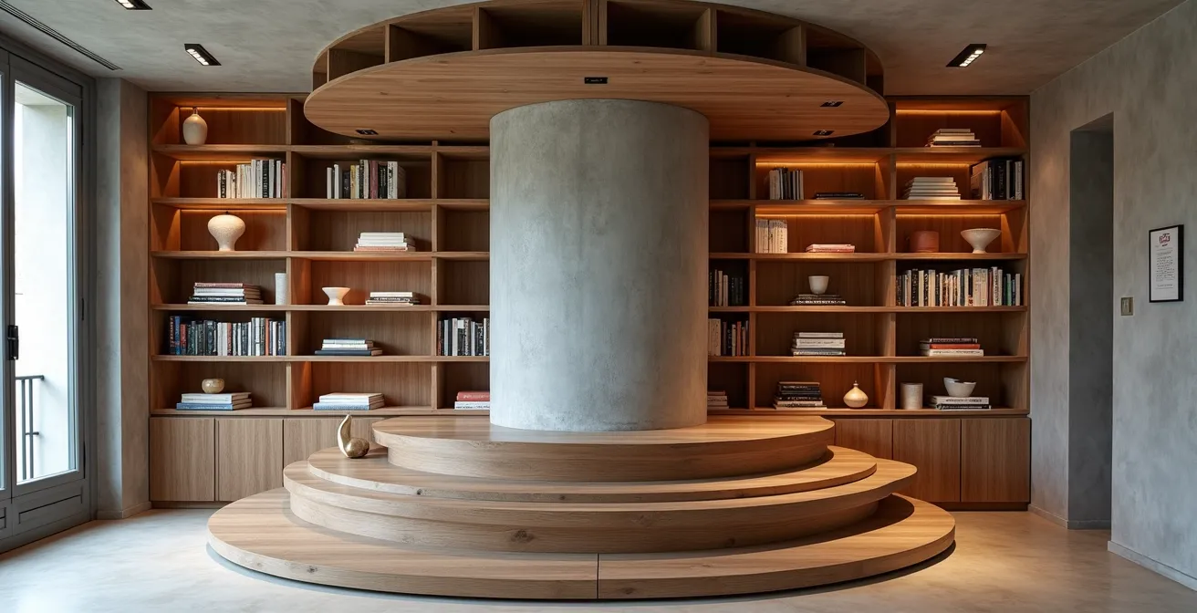 Bibliothèque circulaire en bois massif entourant un poteau porteur dans un loft parisien