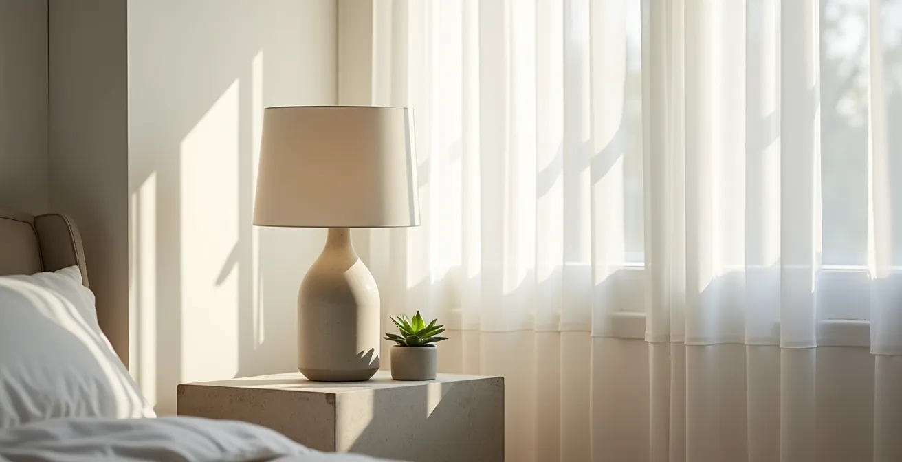 Bloc de béton transformé en table de chevet dans une chambre française épurée