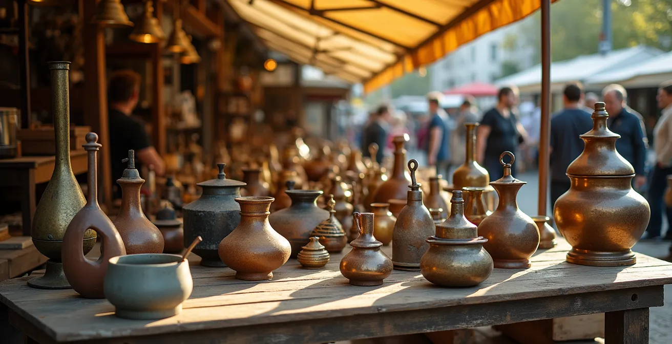Vue d'ensemble d'une brocante française avec objets vintage et pièces sculpturales