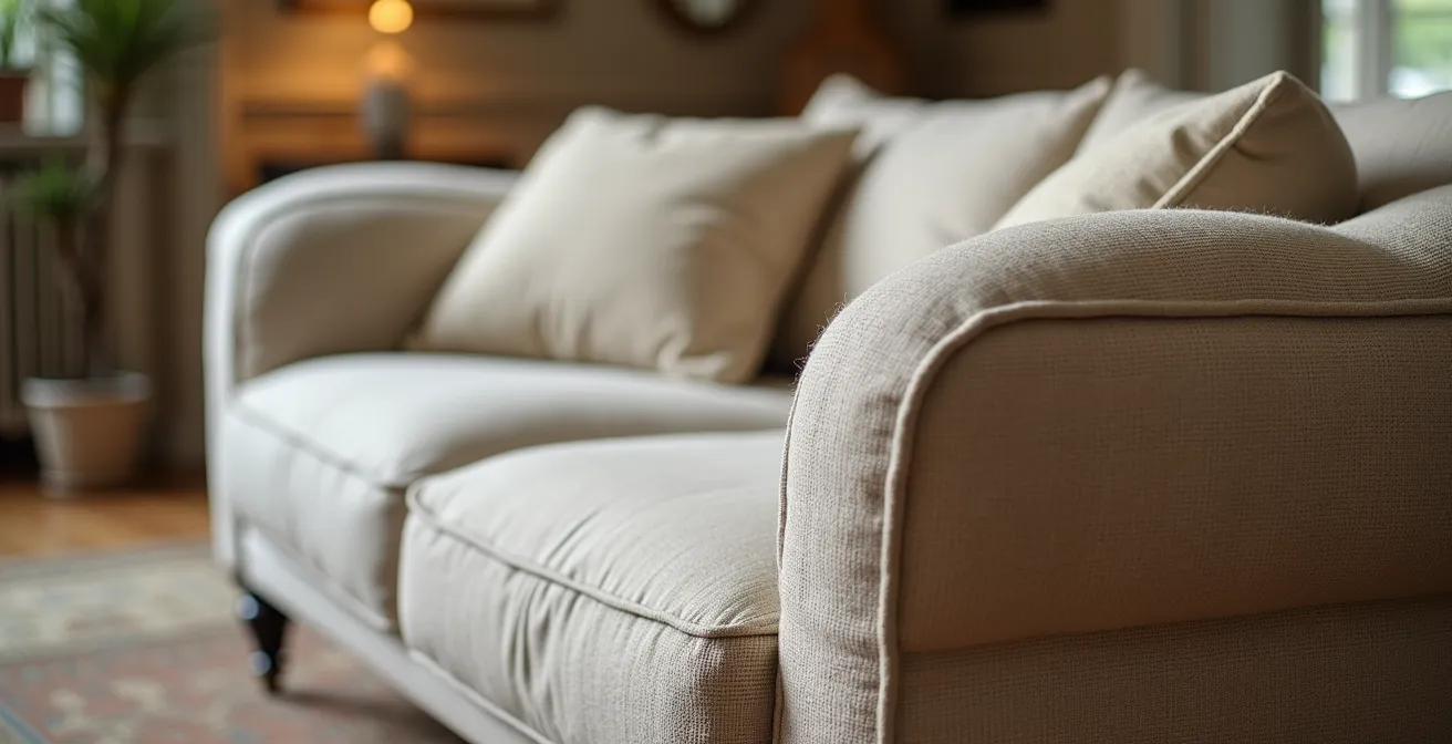 Grand canapé modulable dans un salon lumineux français, parfait pour les réceptions conviviales