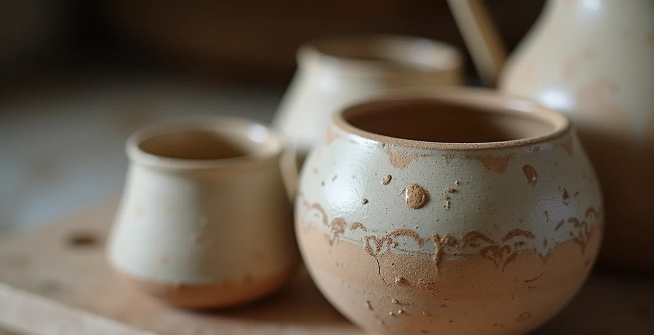 Gros plan sur une céramique d'art française aux textures brutes et émaillage naturel