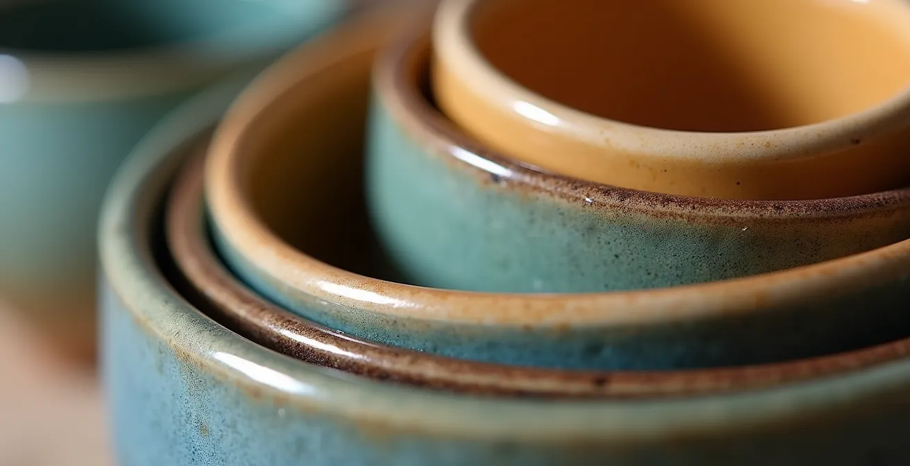 Détail macro d'une céramique d'art française montrant la texture et les émaillages