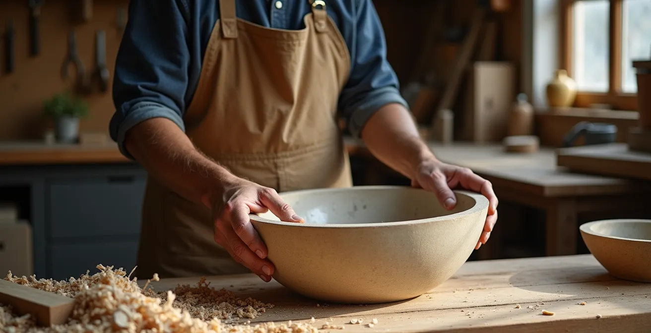 Coffrage en bois pour la fabrication d'un évier en béton sur mesure