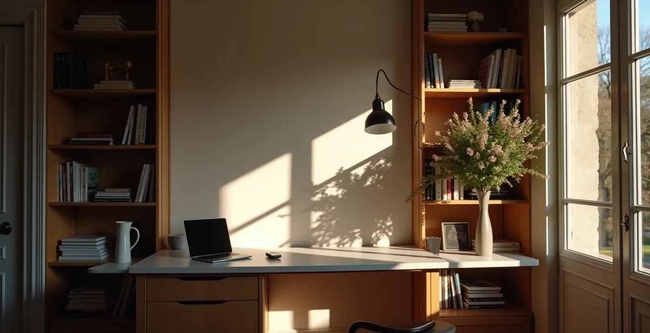 Coin bureau élégamment intégré dans un salon français, mobilier modulable et rangements discrets