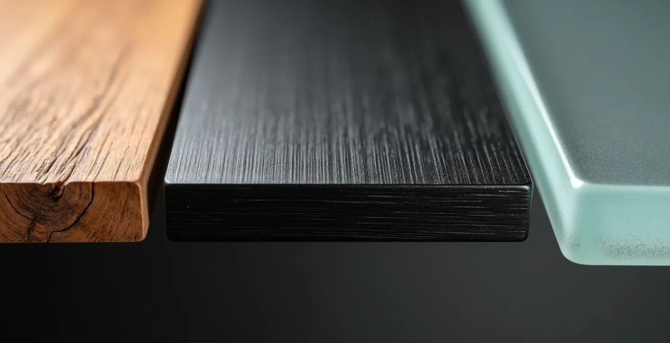 Gros plan sur trois étagères de matériaux différents - bois, métal et verre - montrant leurs textures distinctes
