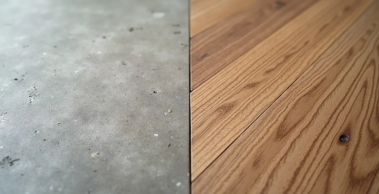 Vue macro comparant la texture lisse du béton ciré avec les veines naturelles du bois de parquet