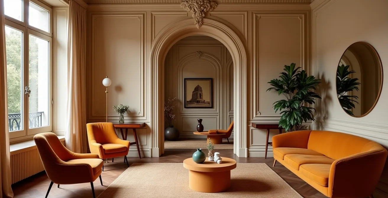 Arche arrondie séparant salon et entrée dans un appartement haussmannien avec détails en staff