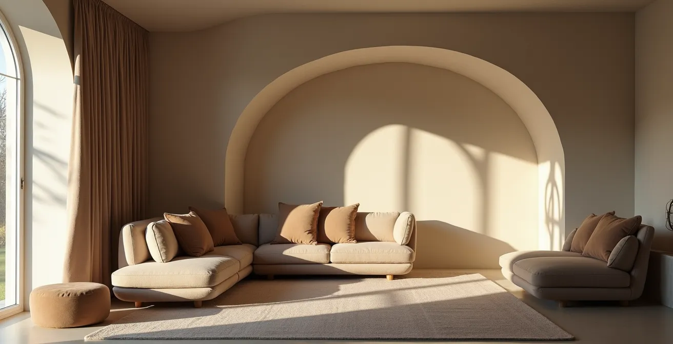 Salon parisien avec cloisons courbes en plâtre cintré et mobilier aux formes organiques