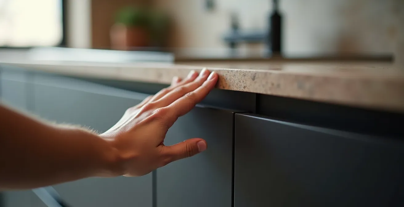 Détail d'une cuisine contemporaine avec des façades blanches lisses sans poignées et un plan de travail en quartz.