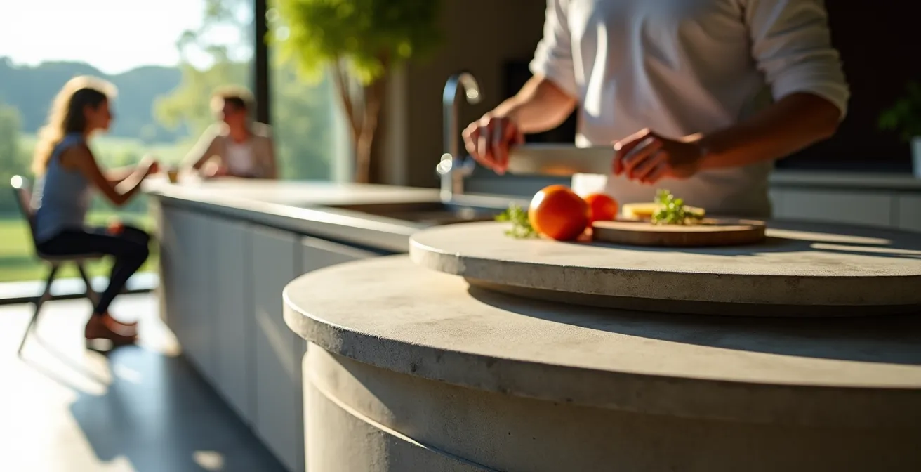 Cuisine avec plan de travail en béton à plusieurs hauteurs pour différents usages