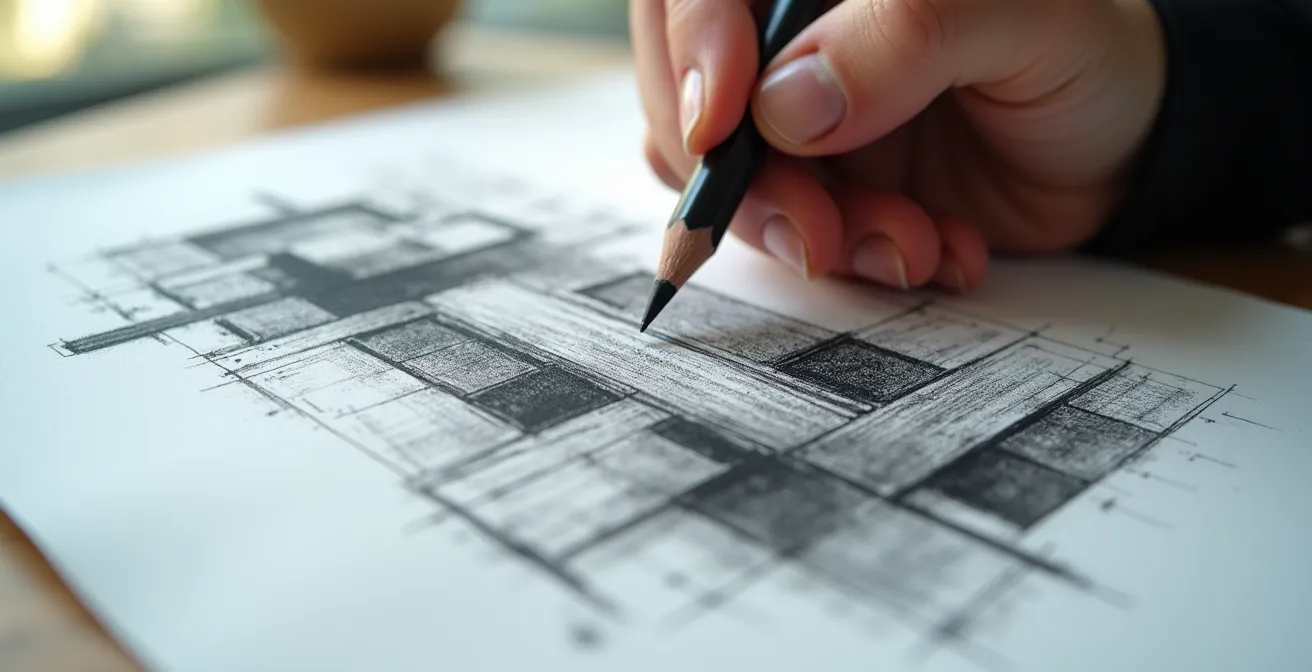 Main de designer esquissant un meuble en béton inspiré du brutalisme