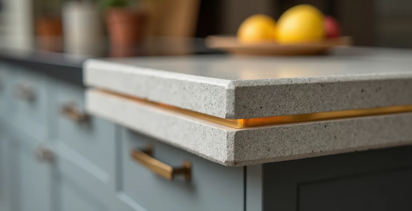 Gros plan sur un chant de plan de travail en béton avec insert en laiton