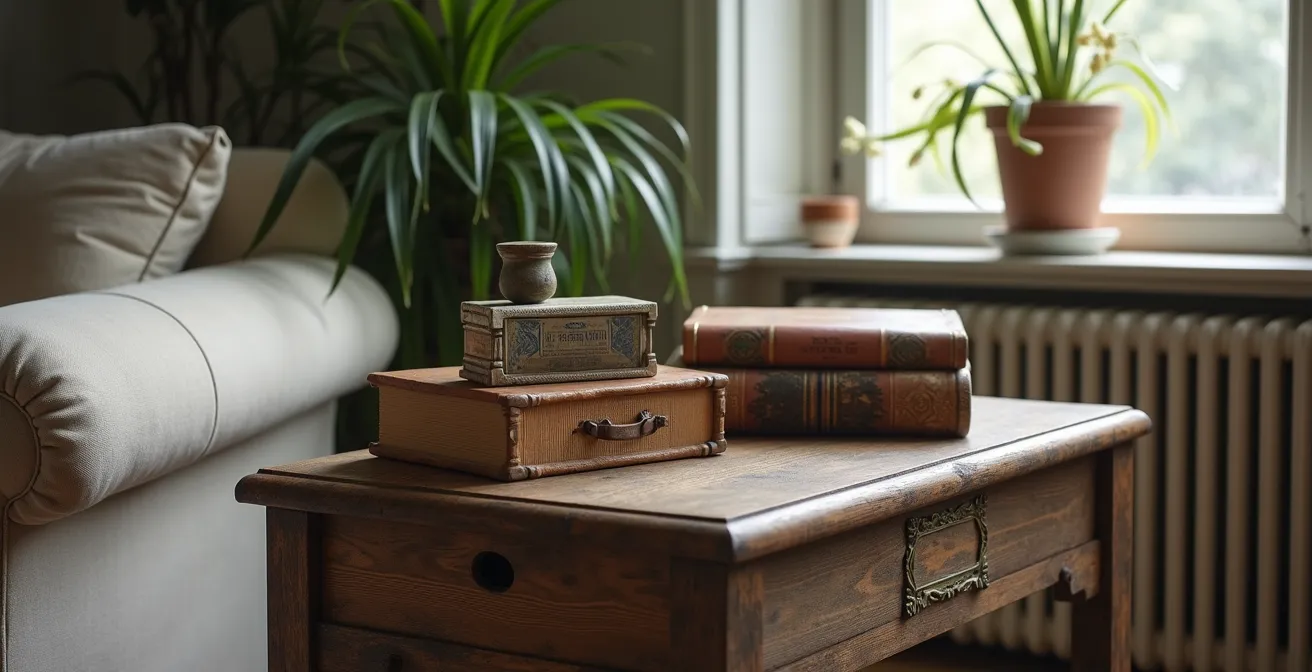 Composition d'objets détournés en bouts de canapé dans un salon français