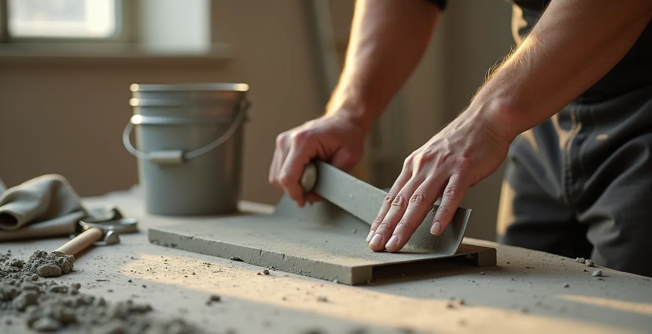 Vue d'ensemble d'un chantier de béton ciré avec outils professionnels et échantillons