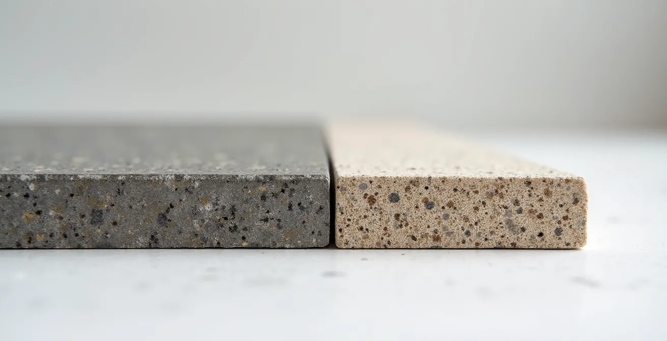 Coupe transversale montrant la différence d'épaisseur abyssale entre la dalle structurelle de ciment brut et le fin revêtement de béton ciré.