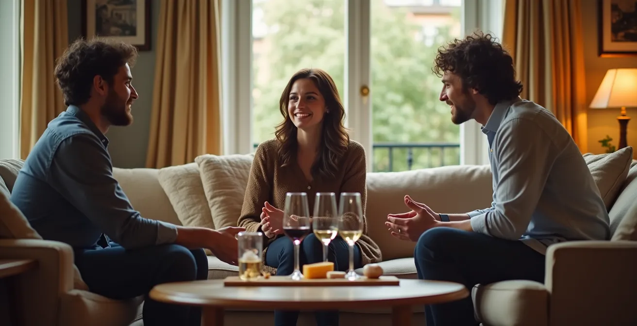 Aménagement en U d'un salon français avec canapé central et fauteuils pour favoriser les conversations