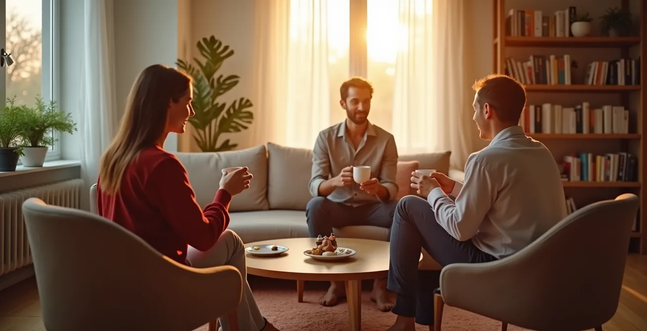 Disposition harmonieuse de canapés et fauteuils dans un salon contemporain français