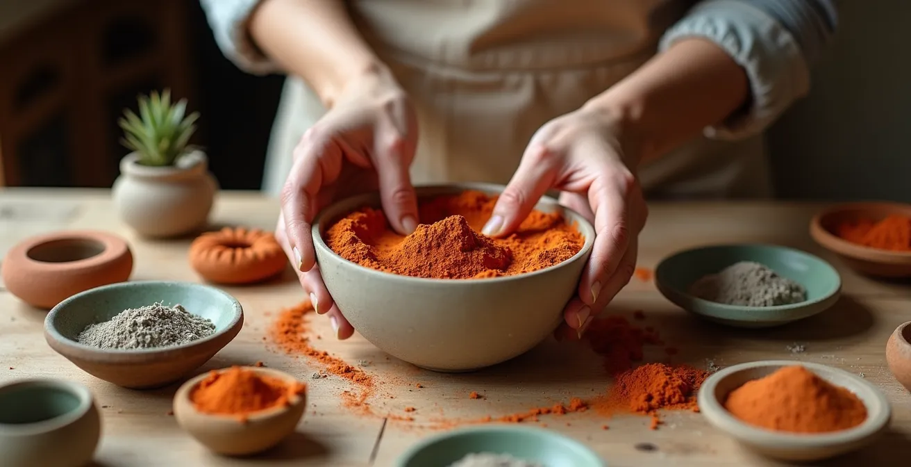 Mains créant des objets décoratifs en béton teinté avec pigments naturels