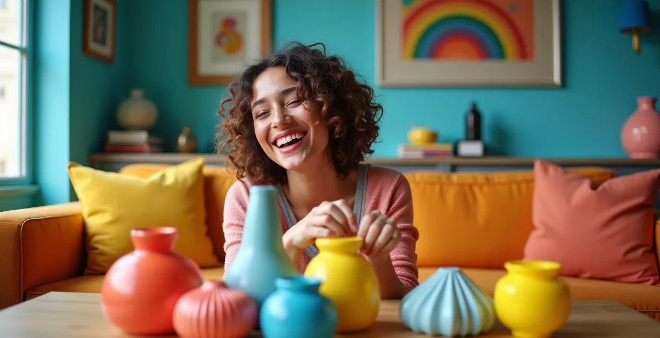 Pièce lumineuse avec mur bleu Klein et touches de couleurs vives sur mobilier et accessoires