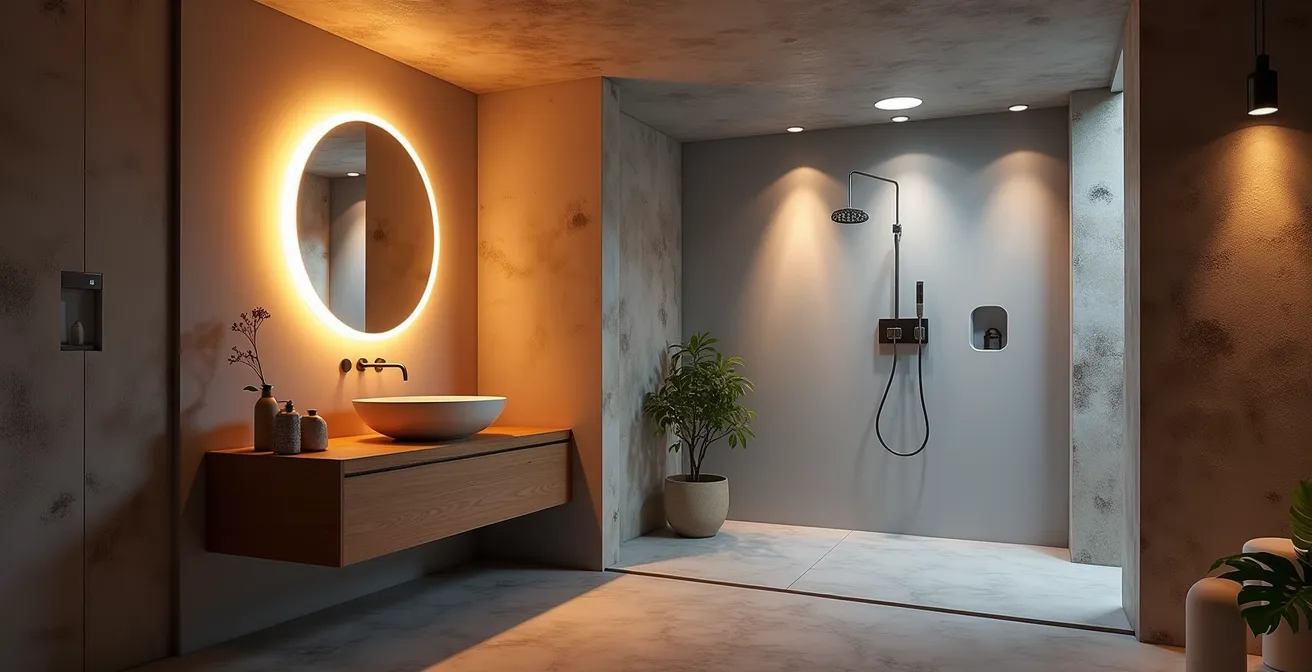 Éclairage LED biodynamique derrière miroir créant une ambiance spa