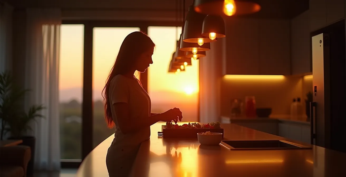 Éclairage sophistiqué d'une cuisine moderne avec suspensions design au-dessus d'un îlot central