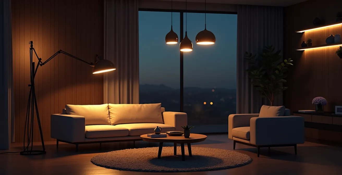 Salon contemporain avec éclairage multiple créant différentes ambiances lumineuses