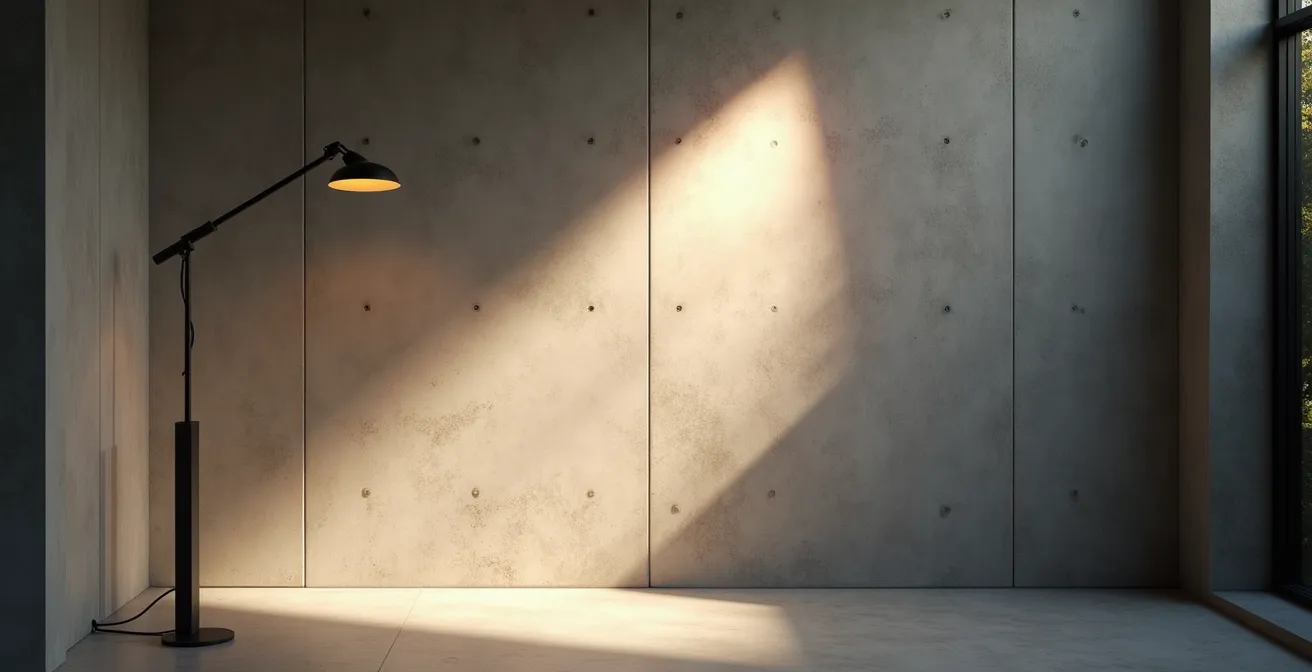 Mur en béton brut éclairé par une lumière rasante révélant sa texture naturelle