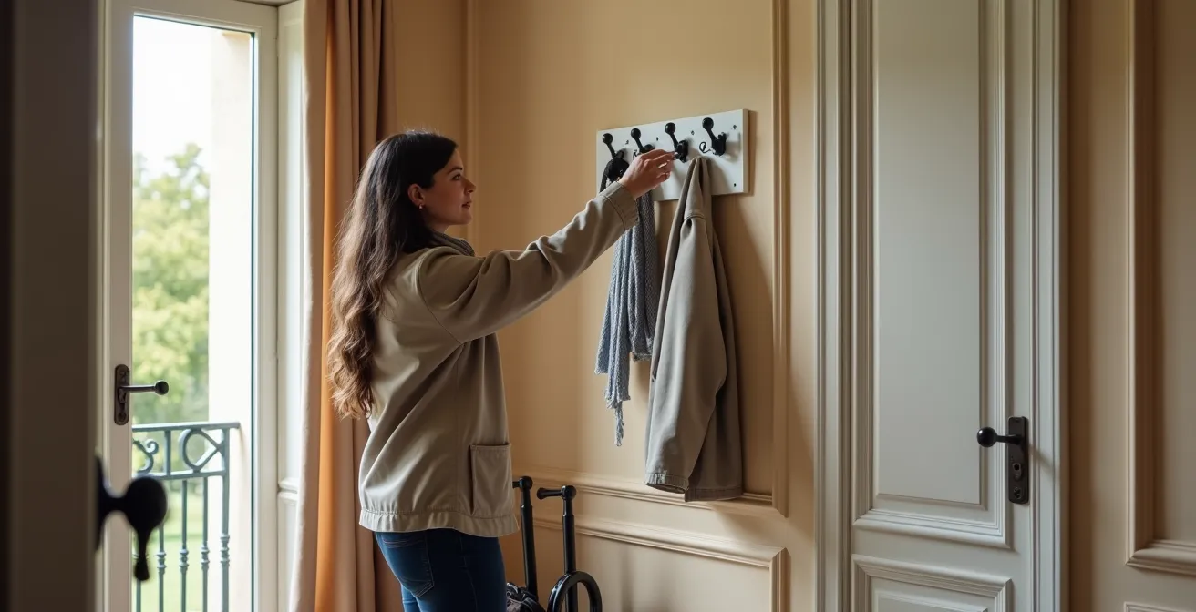Entrée d'appartement français avec rangements muraux, miroir et patères, éclairage chaleureux