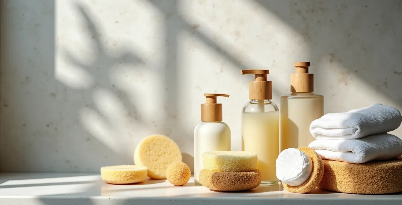 Produits d'entretien naturels pour béton ciré disposés sur un plan de travail