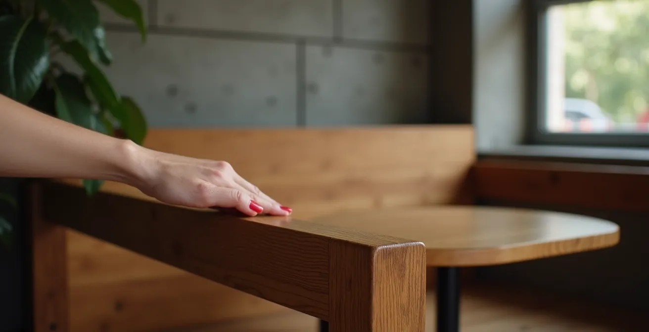 Salon moderne montrant la hiérarchie sensorielle entre surfaces en bois touchables et murs en béton visuels