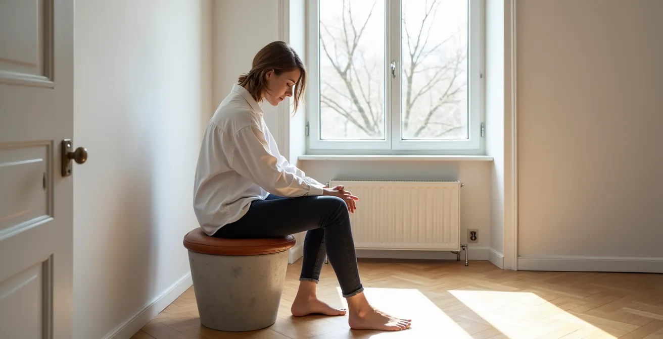 Personne assise sur un tabouret en béton avec coussins ergonomiques