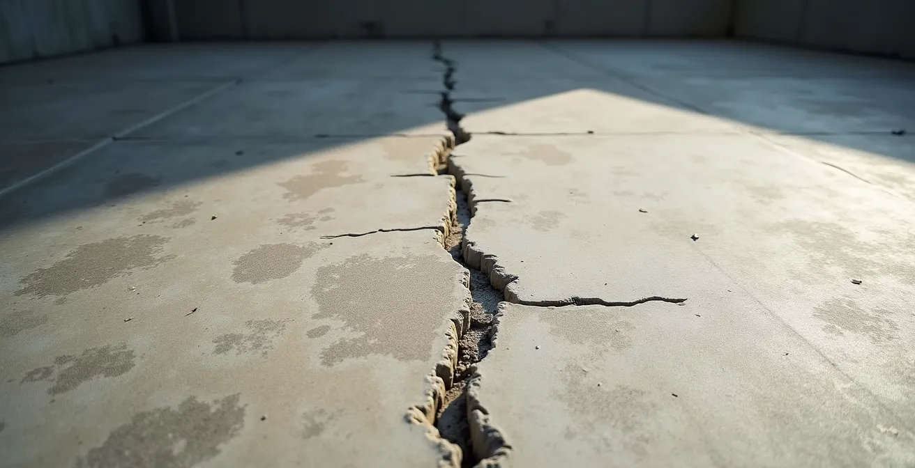 Vue macro d'un défaut de béton ciré montrant l'effet spectre des joints de carrelage