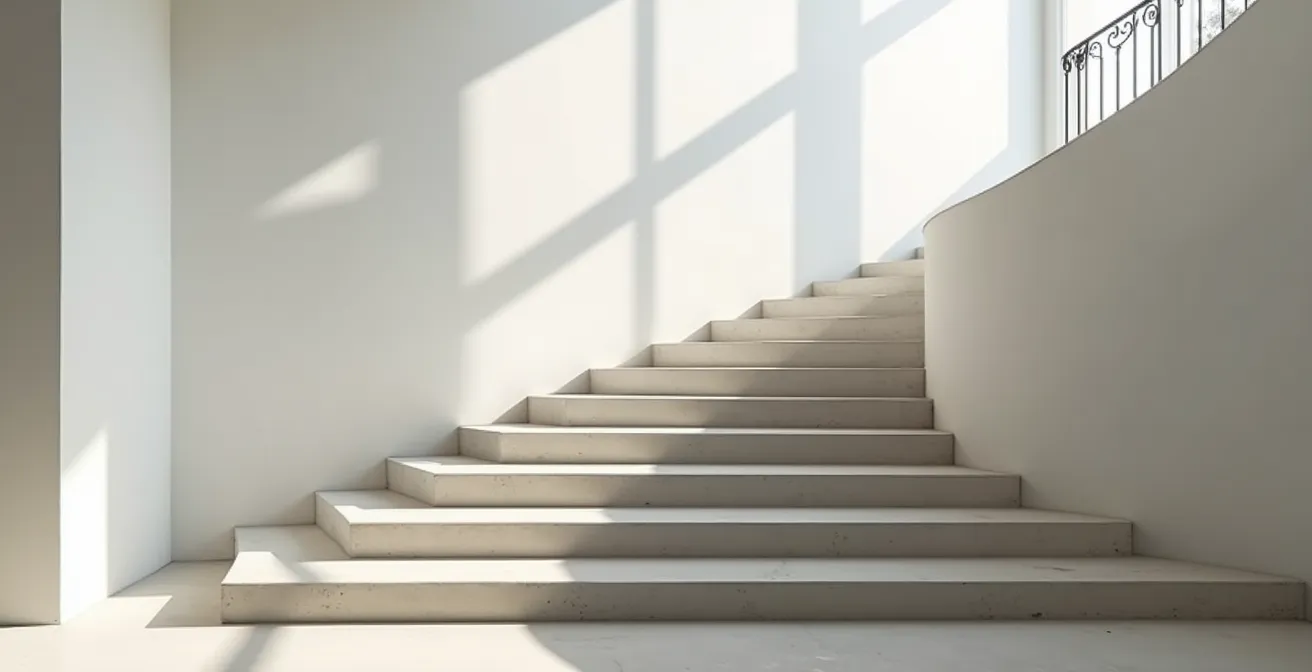 Escalier en béton ciré avec rampe en fer forgé dans un intérieur français contemporain