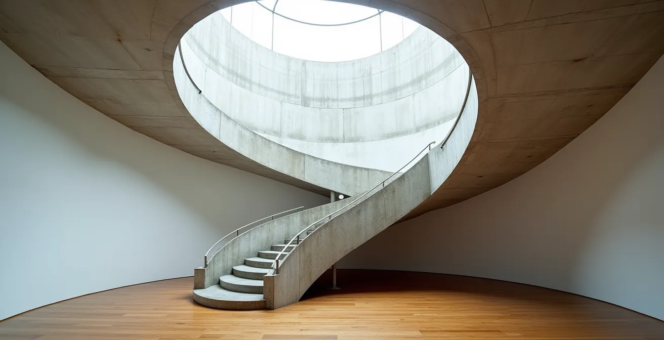 Escalier hélicoïdal en béton avec garde-corps métallique dans un intérieur contemporain