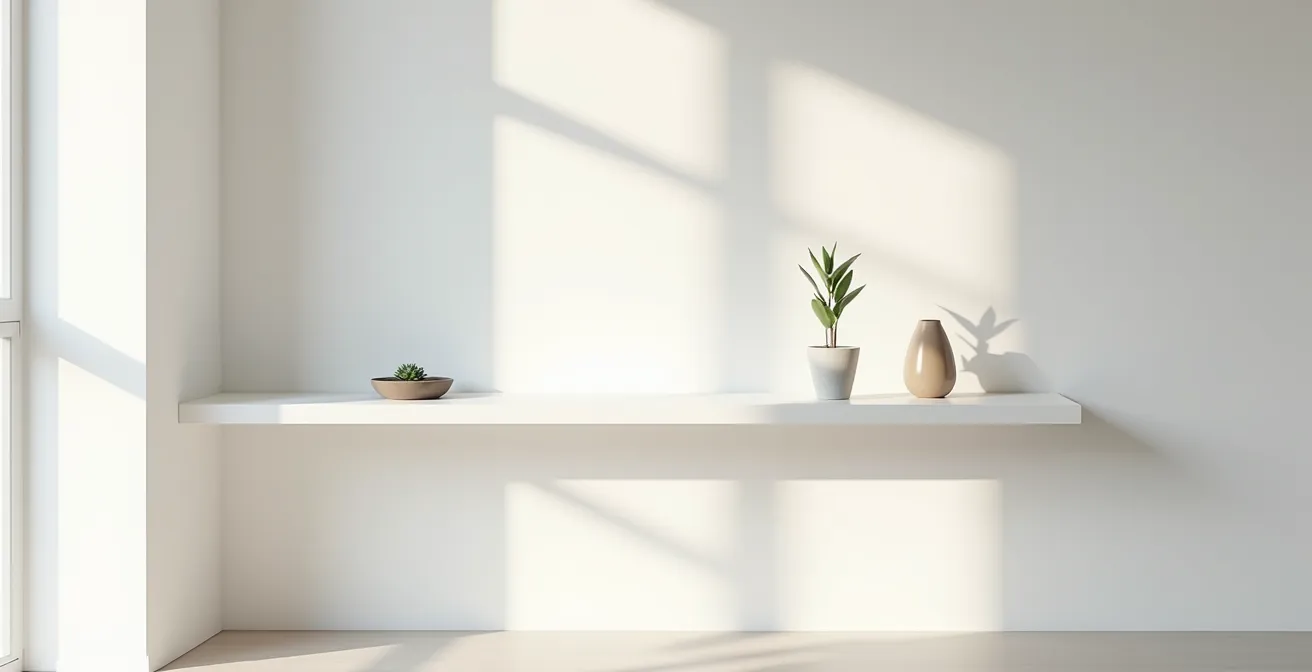 Salon épuré avec étagère flottante blanche parfaitement intégrée au mur
