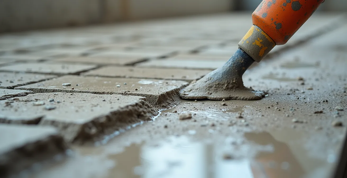 Vue macro de la texture du béton ciré en cours d'application montrant les différentes couches
