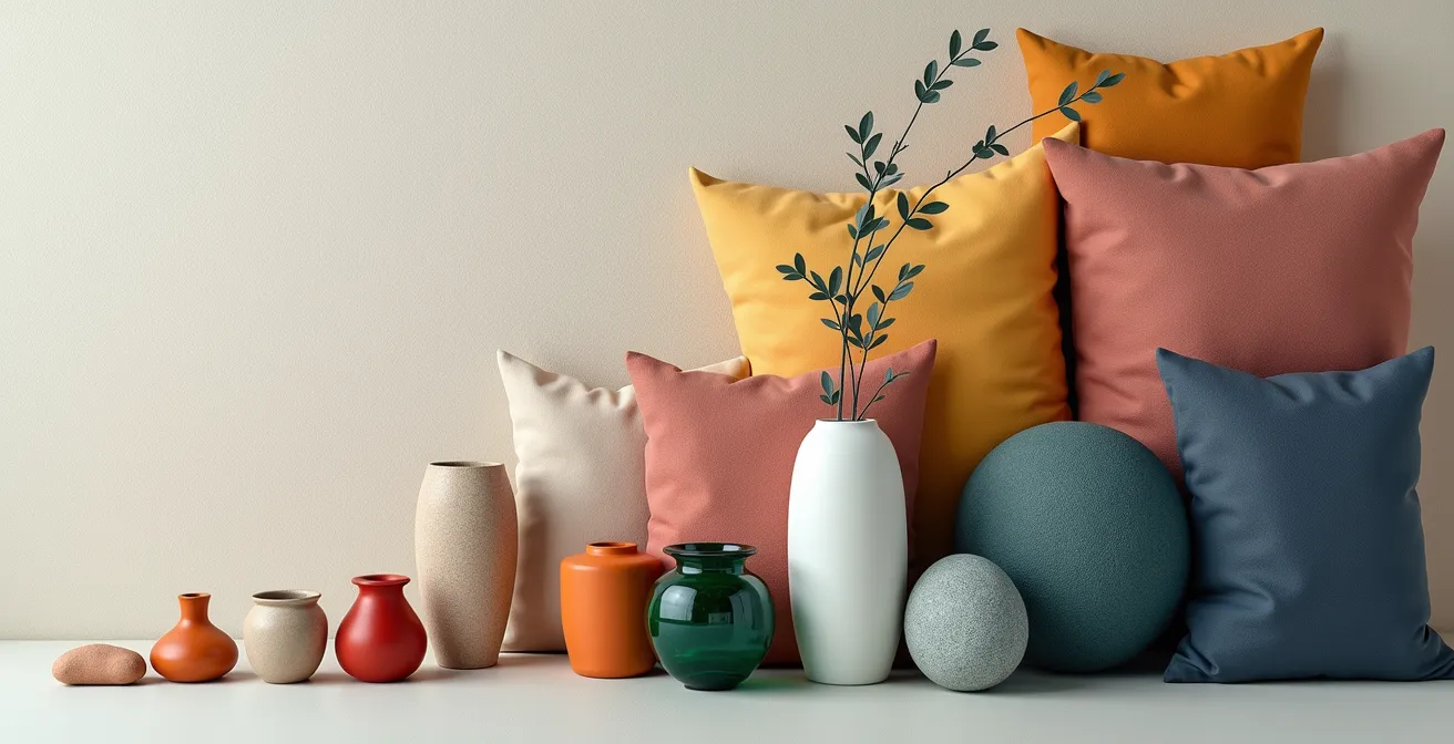 Ensemble d'accessoires décoratifs montrant l'évolution d'une palette de couleurs du neutre vers des accents colorés