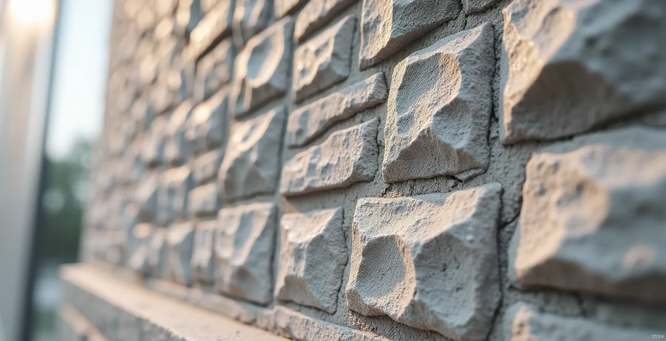 Gros plan sur une texture de béton matricé imitant la pierre naturelle