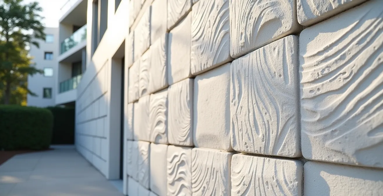 Façade moderne en béton matricé blanc avec motifs géométriques en relief sous lumière rasante